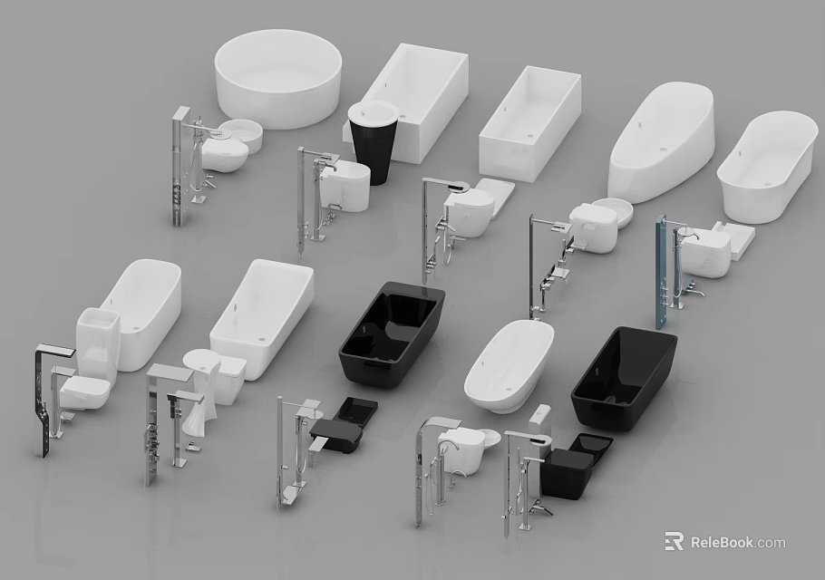 Modern Minimalist Bathroom Set Featuring white and black bathtubs toilets sinks and faucets 3d model 