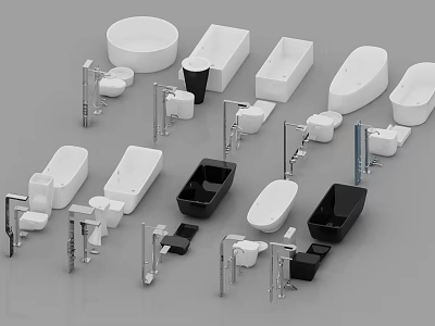 Modern Minimalist Bathroom Set Featuring white and black bathtubs toilets sinks and faucets 3d model
