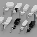 Modern Minimalist Bathroom Set Featuring white and black bathtubs toilets sinks and faucets