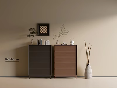 Modern Console And Side Cabinet With Dark Light Brown Wooden Design Decorative Plants White Vase 3d model