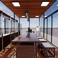 Modern Tea Room Interior With Wooden Ceiling Large Windows Wooden Table And Tea Product Shelves