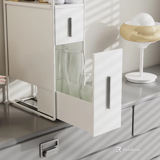 Modern Kitchen Storage Shelf With Open White Cabinet Glass Door And Metal Handle 3d model 