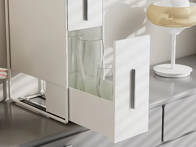 Modern Kitchen Storage Shelf With Open White Cabinet Glass Door And Metal Handle 3d model