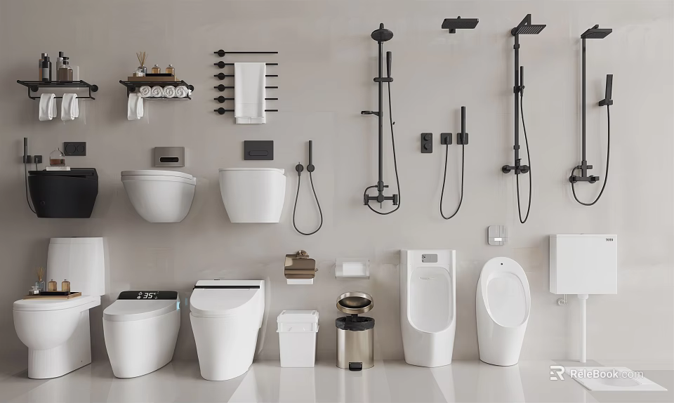 Modern Toilet Display In Bathroom With Shower Heads Towel Racks Urinals And Trash Bins 3d model 