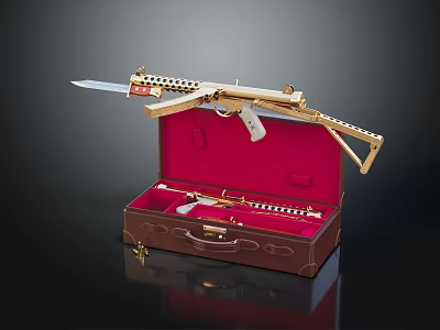Golden Rifle With Brown Case And Red Interior Displayed On Black Background 3d model