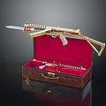 Golden Rifle With Brown Case And Red Interior Displayed On Black Background