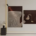 Abstract Paintings With Dark Brown Background White Lines And Vase Elements Hanging On Wall 3d model