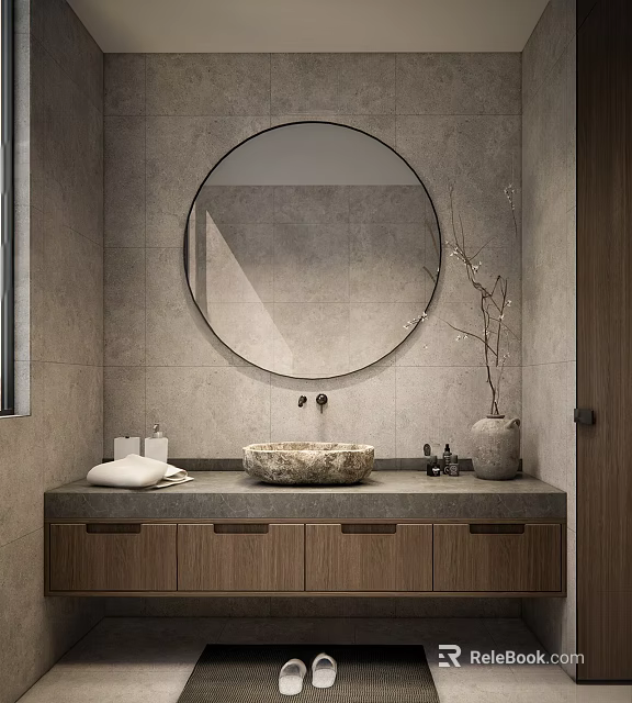 Modern Bathroom Interior With Circular Mirror Gray Wall Tiles Stone Basin And Wooden Vanity 3d model 