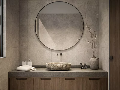 Modern Bathroom Interior With Circular Mirror Gray Wall Tiles Stone Basin And Wooden Vanity 3d model