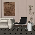 Modern Black Lounge Chair in Living Room with White Sofa Painting Plant and Checkered Rug