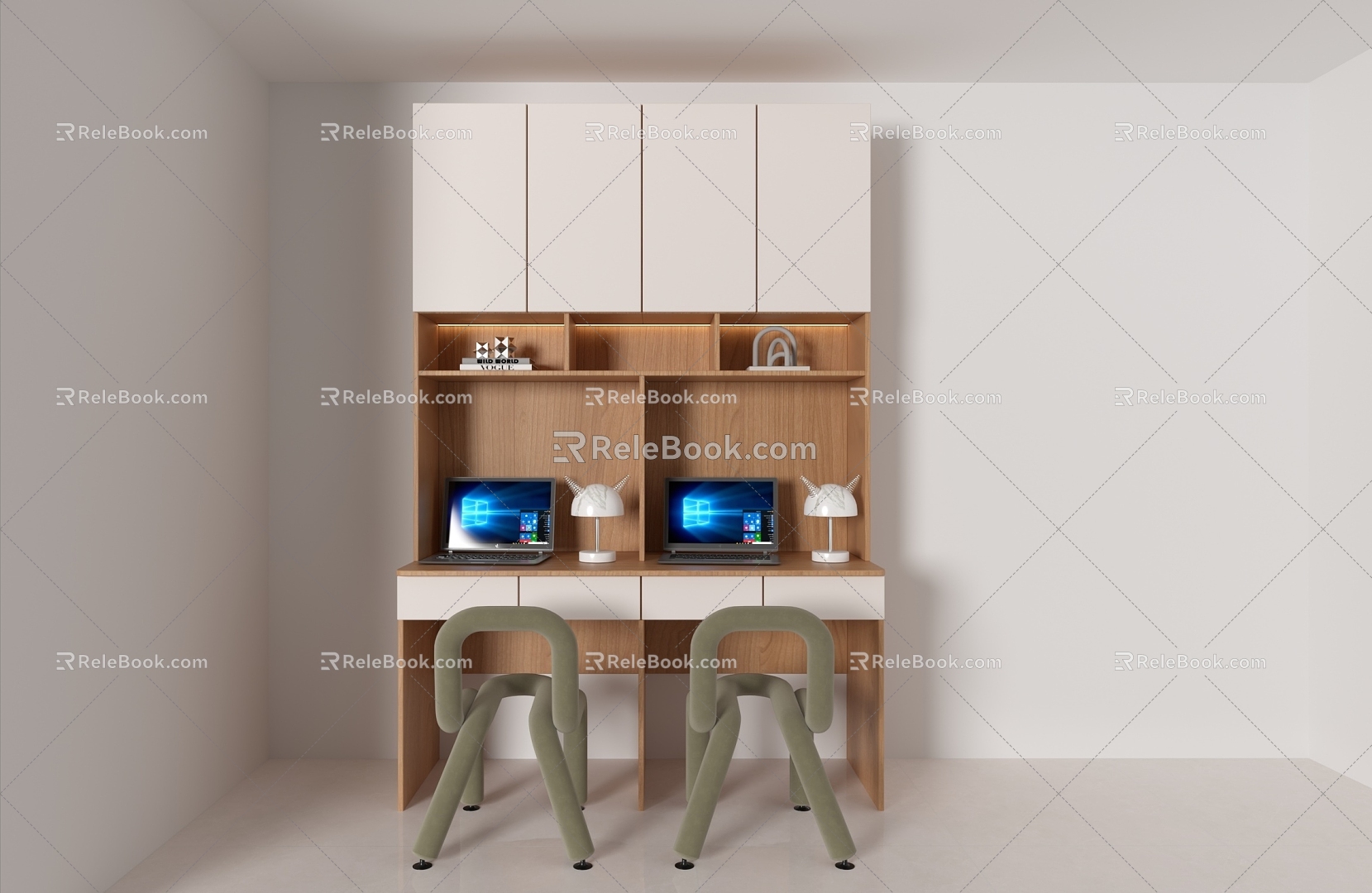 Simple Customized Double Desk Writing Desk Bookcase Integrated Combination Computer Table with Bookshelf for Small Apartment 3d model