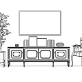 Elegant TV Stand With Wall Mounted TV Decorative Frames Books And Green Plant Accent Chair