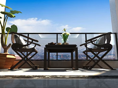 Balcony Table And Chairs Set With Green Plant City View Blue Sky White Clouds 3d model