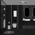 Modern Bathroom With Black Walls Round Mirrors Double Vanity Sinks Glass Shower And Smart Toilet
