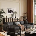 Modern Living Room With Black Leather Sofa Throw Pillow And Geometric Rug