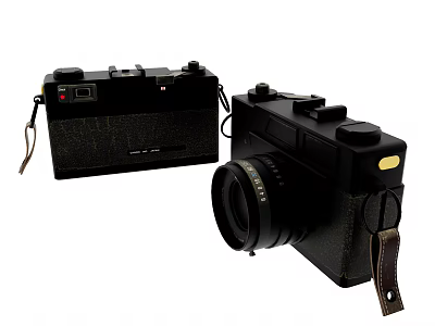 Two Black Digital Cameras Featuring Vintage Leather Texture Manual Knobs And Sleek Lens Control Buttons 3d model