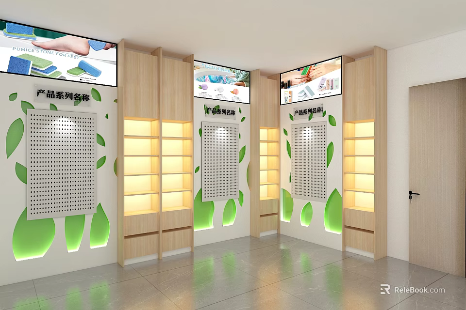 Wooden Display Shelves with Multiple Layers Green Decorations and Screens in Product Showroom 3d model 
