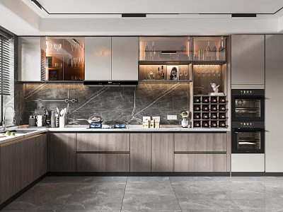 Modern Kitchen Interior Design With Glass Door Cabinets Marble Island And Stainless Steel Appliances 3d model
