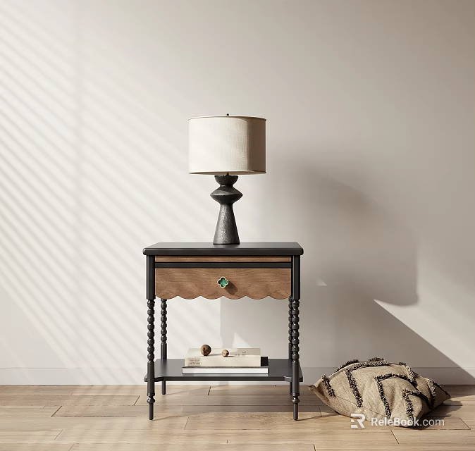 Elegant Side Table with Wooden Top Black Legs Table Lamp and Books in Sunlight Shadows 3d model 