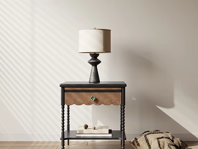Elegant Side Table with Wooden Top Black Legs Table Lamp and Books in Sunlight Shadows 3d model