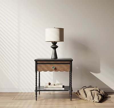 Elegant Side Table with Wooden Top Black Legs Table Lamp and Books in Sunlight Shadows 3d model