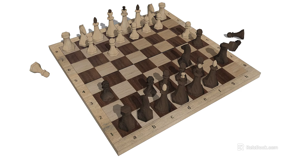 Chess Game Entertainment With Wooden Chessboard And Black White Standing Pieces 3d model 