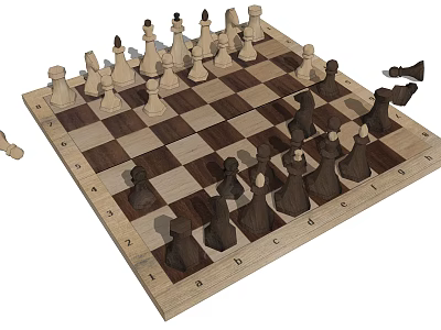 Chess Game Entertainment With Wooden Chessboard And Black White Standing Pieces 3d model