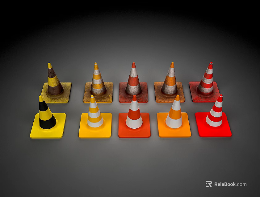 Colorful Traffic Cones with Square Bases in Yellow Orange Red and White Stripes 3d model 