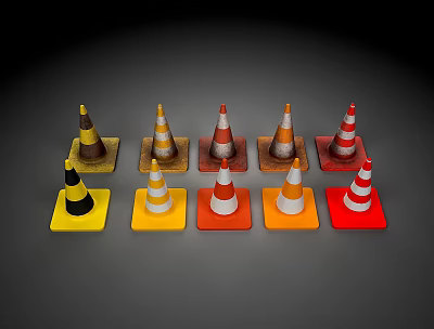 Colorful Traffic Cones with Square Bases in Yellow Orange Red and White Stripes 3d model