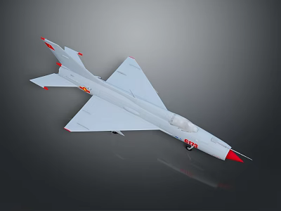 White Model Fighter Jet With Red Wing Tail Details And Yellow Logo On Gray Background 3d model