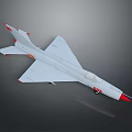White Model Fighter Jet With Red Wing Tail Details And Yellow Logo On Gray Background