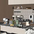 Modern Kitchen Appliances Including Coffee Maker Juicer Blender And Kettle On Marble Countertop