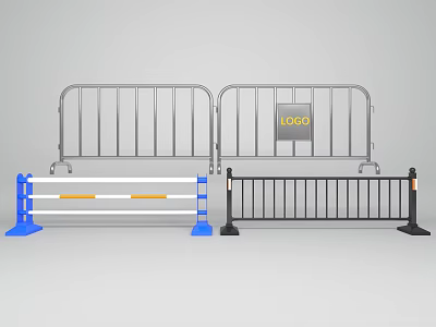 Metal Barriers and Fences with LOGO Blue Base Black Railings White Yellow Stripes 3d model