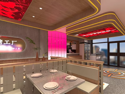 Modern Barbecue Restaurant Interior With Red Decor Wooden Ceiling Pink Partitions And Dining Tables 3d model