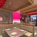 Modern Barbecue Restaurant Interior With Red Decor Wooden Ceiling Pink Partitions And Dining Tables