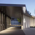 Modern Entrance Gate With Metal Panels Geometric Logo And Shadow Patterns