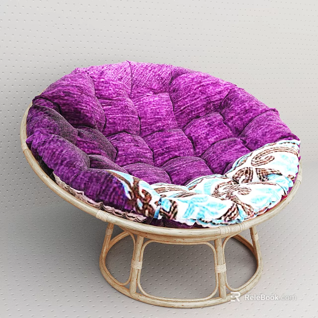Cozy Purple Padded Leisure Chair With Wicker Frame And Blue Brown Pattern Cushion 3d model 