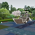 Park Landscape Featuring Ship Shaped Slide Cherry Blossoms Swings Green Lawns and Colorful Spiral Ground