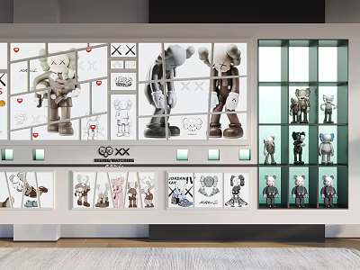 Stylish Modern Display Shelves With Art Dolls Sculptures And Creative Wall Art 3d model
