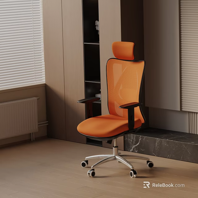Orange Massage Chair With Mesh Back Armrests And Wheels In Modern Interior With Bookshelf 3d model 