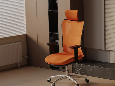Orange Massage Chair With Mesh Back Armrests And Wheels In Modern Interior With Bookshelf 3d model