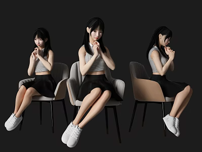 Three Women Sitting on Gray and Beige Chairs Wearing Gray Tops Black Skirts White Sneakers 3d model
