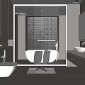 Elegant Modern Bathroom Interior With White Tiles Freestanding Tub Double Sinks And Large Mirror