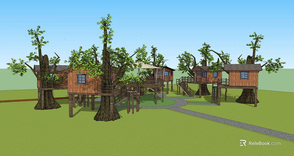 Multiple Wooden Tree Houses In Green Grass With Pathway And Wooden Structures 3d model 