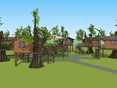 Multiple Wooden Tree Houses In Green Grass With Pathway And Wooden Structures 3d model