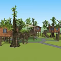 Multiple Wooden Tree Houses In Green Grass With Pathway And Wooden Structures