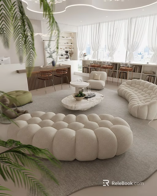 Plush Break Room Interior Design With Cozy Sofas Marble Table Bookshelves And Curtain Windows 3d model 