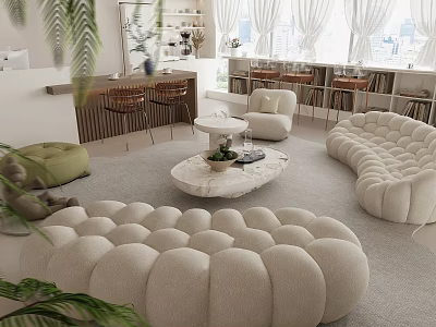 Plush Break Room Interior Design With Cozy Sofas Marble Table Bookshelves And Curtain Windows 3d model