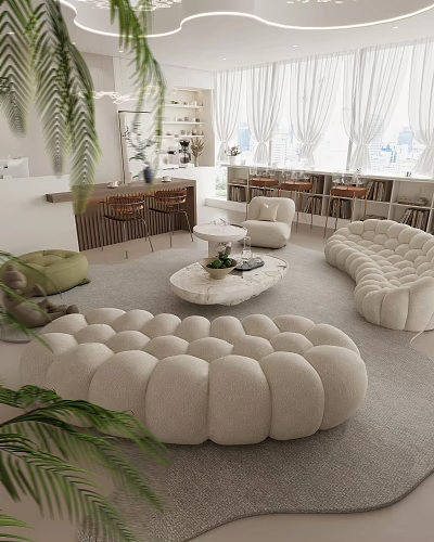 Plush Break Room Interior Design With Cozy Sofas Marble Table Bookshelves And Curtain Windows 3d model