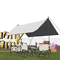 Funny Camp White Tent Setup With Outdoor Furniture On Grass Field And Blue Sky